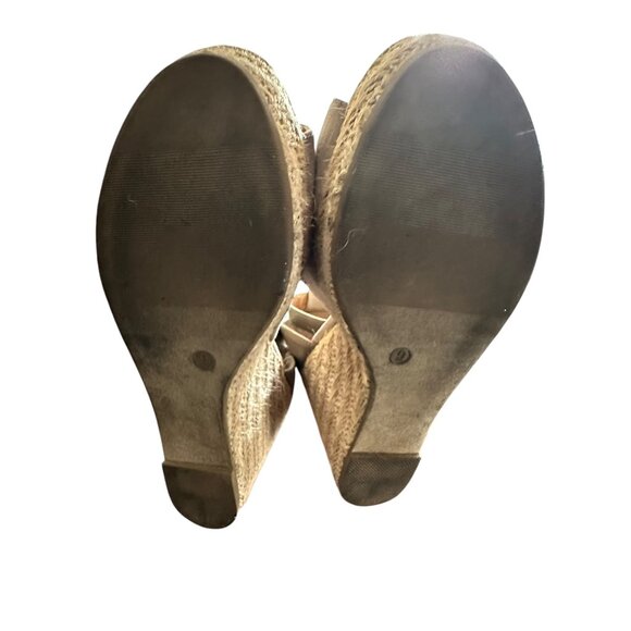 Peep-Toe Espadrille Wedge Sandals Size 40 Beige Faux Leather & Jute With Buckle - Picture 4 of 5